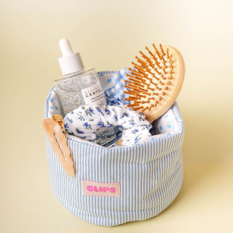 stoffen organizer mandje vanity bag blauw gestreept