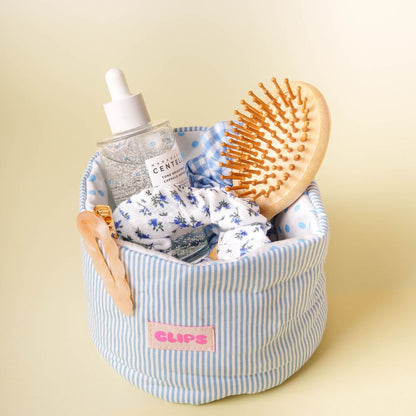 stoffen organizer mandje vanity bag blauw gestreept
