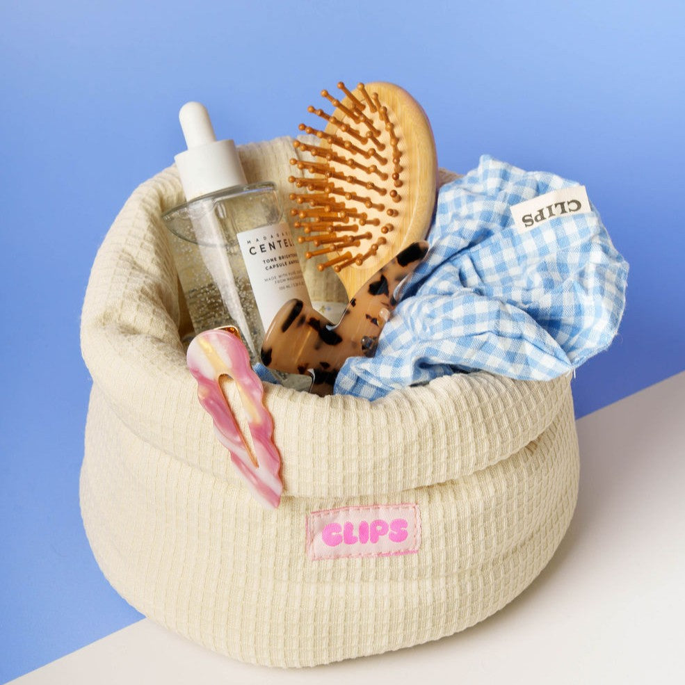 stoffen organizer mandje vanity bag geel gewafeld