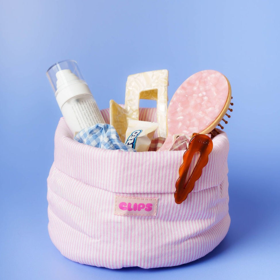 stoffen organizer mandje vanity bag roze gestreept